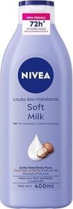 Uma garrafa roxa clara da Loção Deo-hidratante NIVEA Soft Milk (400ml) com tampa azul-marinho é exibida em fundo branco. A embalagem destaca ingredientes como Ácido Hialurônico Puro e Manteiga de Karité, prometendo 72h de hidratação. Ideal para hidratação corporal, pele seca e cuidados com a pele.